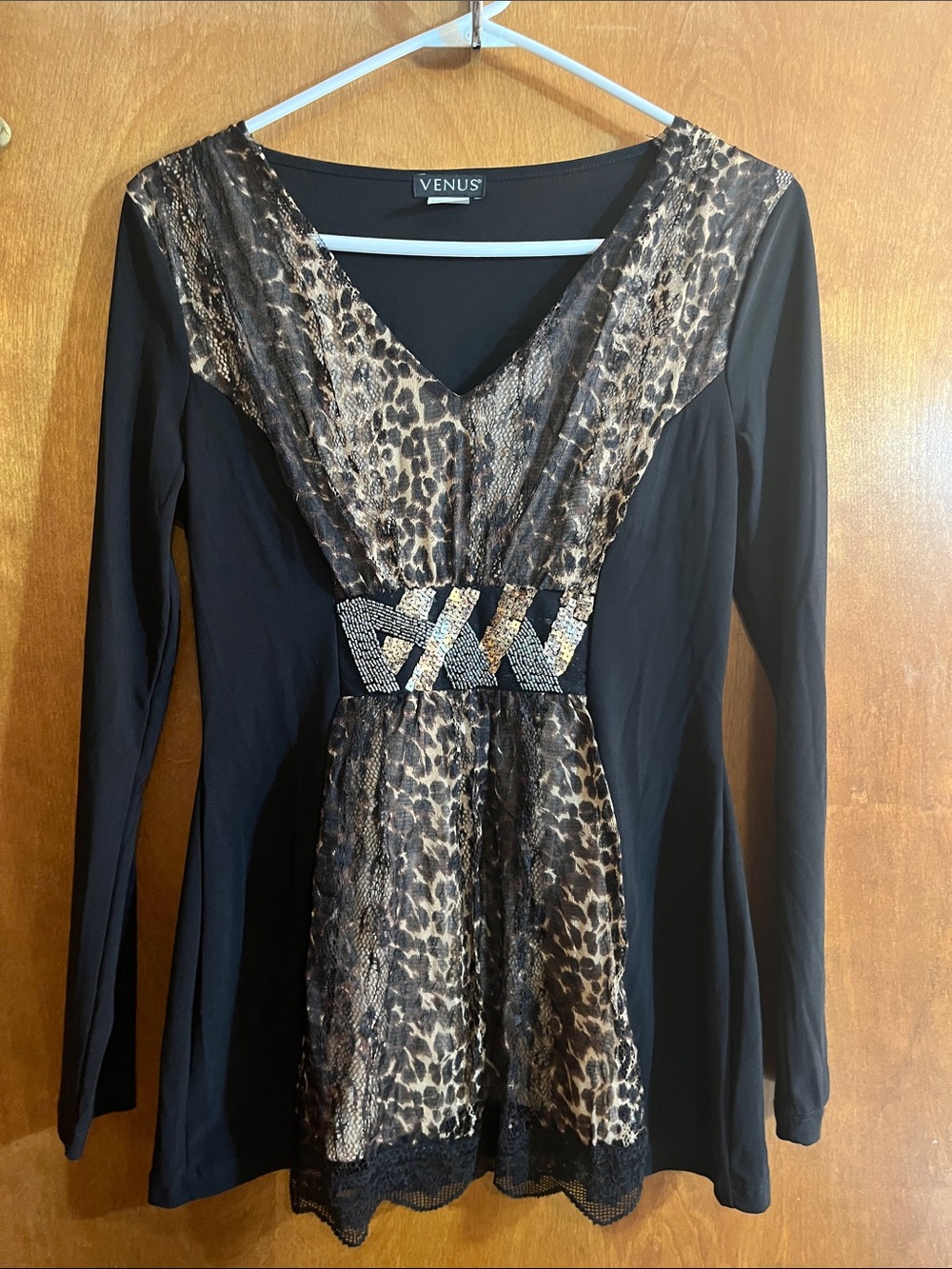 VENUS Black Long Sleeve Top with Brown Leopard Panels & Rhinestone Waist Bundle